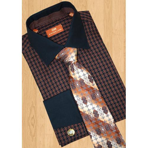 Steven Land Chocolate Brown/Black Houndstooth 100% Cotton Dress Shirt DS554